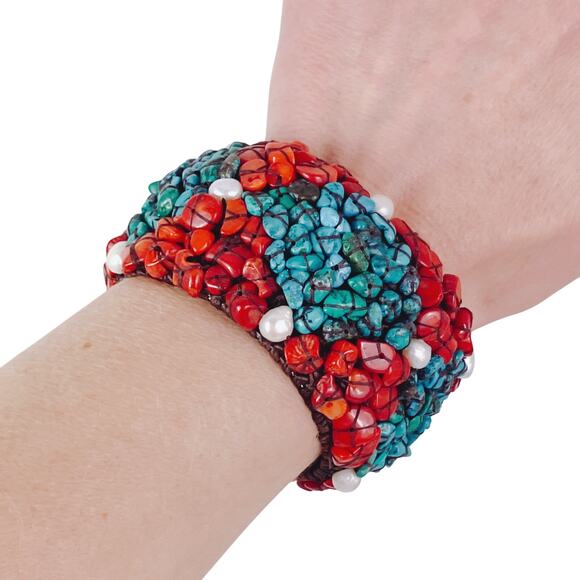 Signed SOMS TH Turquoise Coral Pearl Boho Artisan Woven Adjustable Cuff Bracelet - Picture 2 of 9